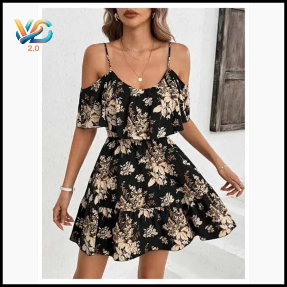 Boho Floral Cold Shoulder Mini Dress Ruffle A-Line Casual Vacation